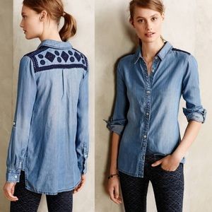 Anthropologie Holding Horses Dakota Embroidered Chambray Button Down Top